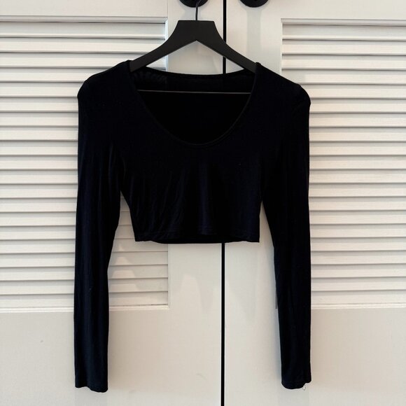 ARE YOU AM I Cropped U Neck Long Sleeve T Shirt - Picture 1 of 3